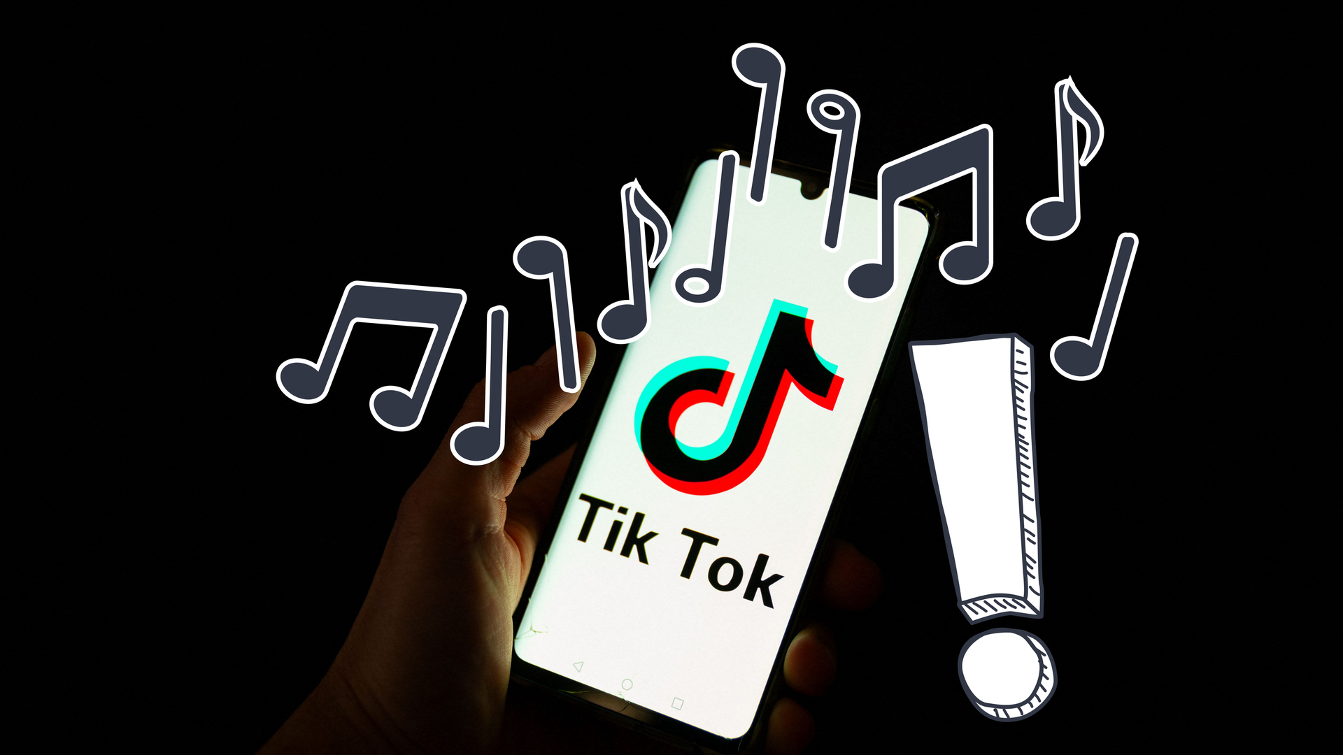 Logo von TikTok auf einem Handy mit Musiknoten und Ausrufezeichen