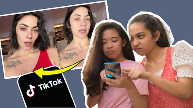 Bild von Schönheitsfilter im Hintergrund, junge Mädchen am Handy, TikTOk-Logo