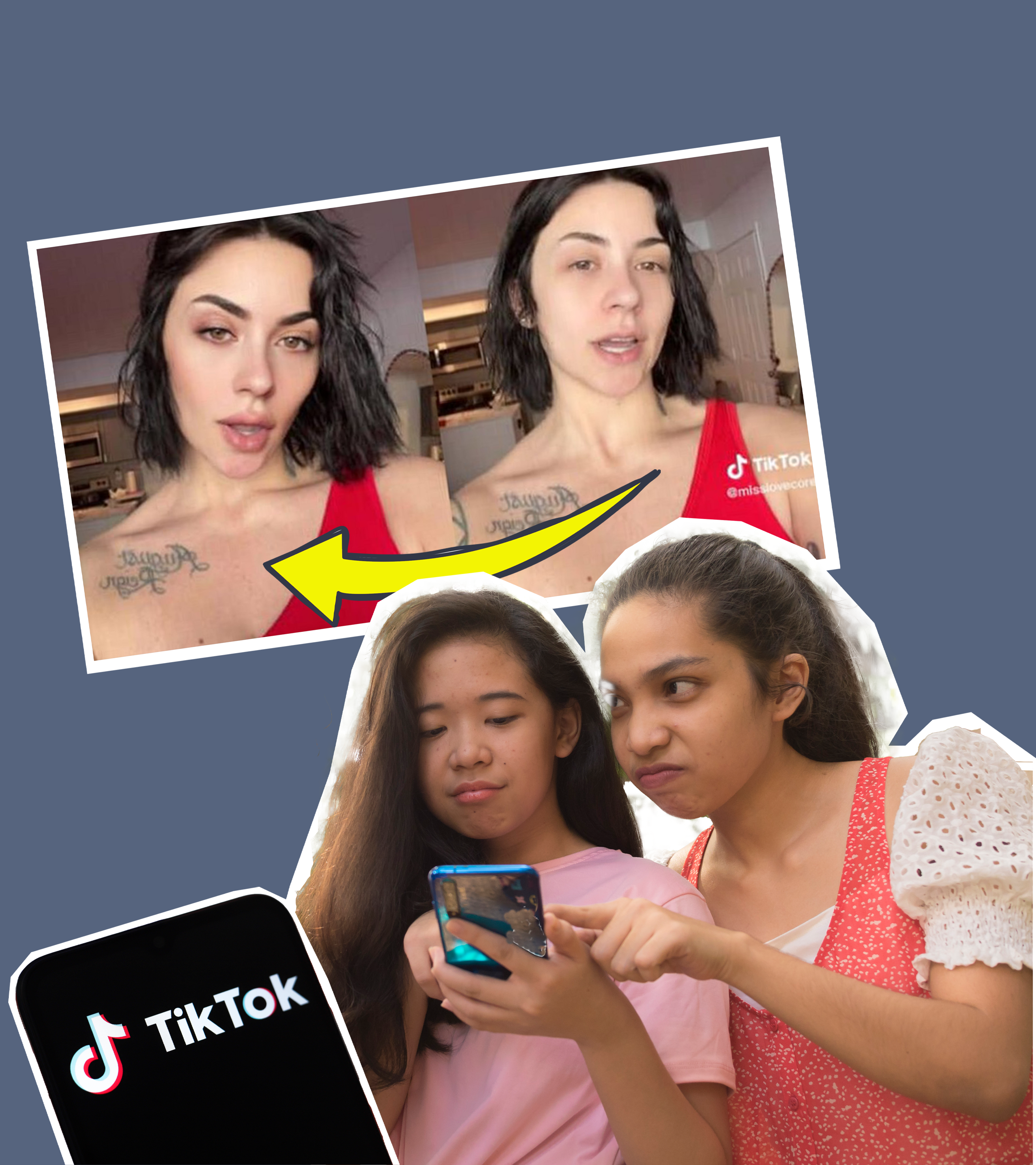 Bild von Schönheitsfilter im Hintergrund, junge Mädchen am Handy, TikTOk-Logo