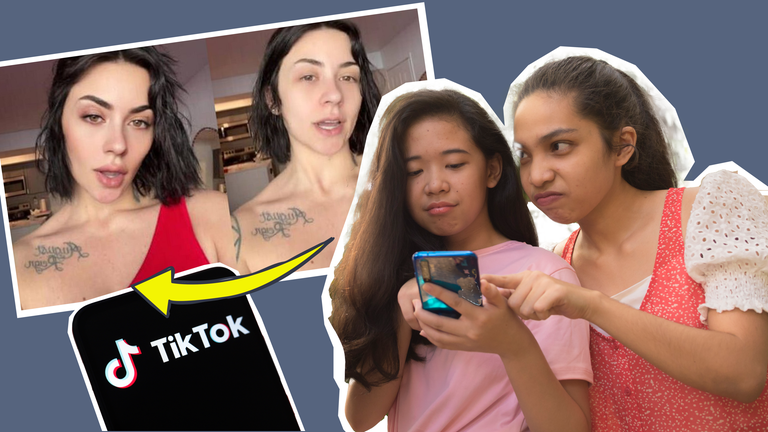 Bild von Schönheitsfilter im Hintergrund, junge Mädchen am Handy, TikTOk-Logo