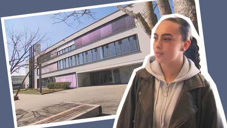 Im Hintergrund eine Schule, im Vordergrund die 16-jährige Azra