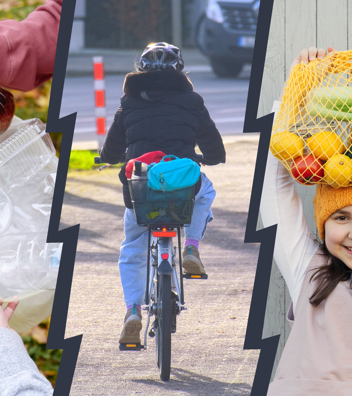 Dreigeteiltes Bild. Links sieht man Kinder, die einen Müllbeutel mit Plastikflaschen in den Händen halten. In der Mitte sieht man ein Kind von hinten, das Fahrrad fährt. Rechts hält sich ein Mädcen einen Netzbeutel mit Gemüse und Obst über den Kopf.
