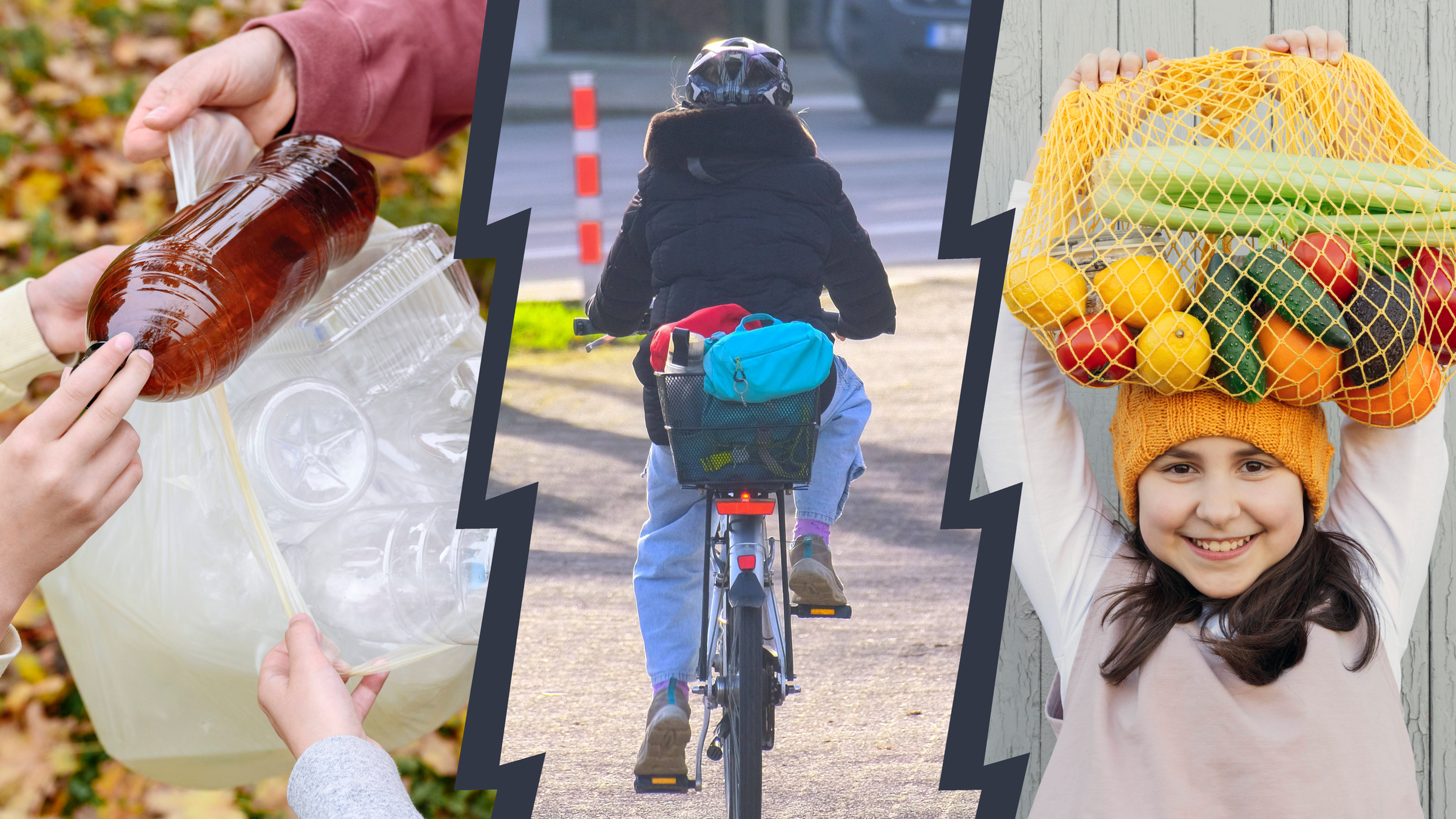 Dreigeteiltes Bild. Links sieht man Kinder, die einen Müllbeutel mit Plastikflaschen in den Händen halten. In der Mitte sieht man ein Kind von hinten, das Fahrrad fährt. Rechts hält sich ein Mädcen einen Netzbeutel mit Gemüse und Obst über den Kopf.