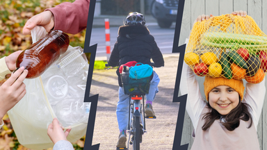 Dreigeteiltes Bild. Links sieht man Kinder, die einen Müllbeutel mit Plastikflaschen in den Händen halten. In der Mitte sieht man ein Kind von hinten, das Fahrrad fährt. Rechts hält sich ein Mädcen einen Netzbeutel mit Gemüse und Obst über den Kopf.