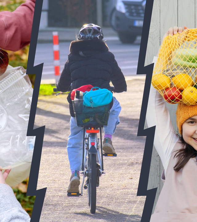 Dreigeteiltes Bild. Links sieht man Kinder, die einen Müllbeutel mit Plastikflaschen in den Händen halten. In der Mitte sieht man ein Kind von hinten, das Fahrrad fährt. Rechts hält sich ein Mädcen einen Netzbeutel mit Gemüse und Obst über den Kopf.