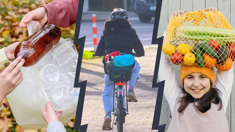 Dreigeteiltes Bild. Links sieht man Kinder, die einen Müllbeutel mit Plastikflaschen in den Händen halten. In der Mitte sieht man ein Kind von hinten, das Fahrrad fährt. Rechts hält sich ein Mädcen einen Netzbeutel mit Gemüse und Obst über den Kopf.