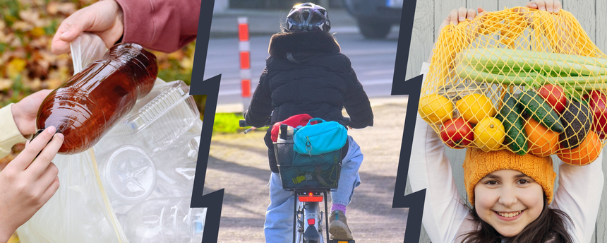 Dreigeteiltes Bild. Links sieht man Kinder, die einen Müllbeutel mit Plastikflaschen in den Händen halten. In der Mitte sieht man ein Kind von hinten, das Fahrrad fährt. Rechts hält sich ein Mädcen einen Netzbeutel mit Gemüse und Obst über den Kopf.