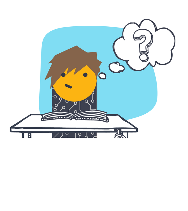 Grafik: Kind sitzt an Tisch, guckt schüchtern, mit Fragezeichen-Gedankenblase