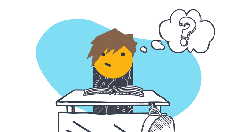 Grafik: Kind sitzt an Tisch, guckt schüchtern, mit Fragezeichen-Gedankenblase