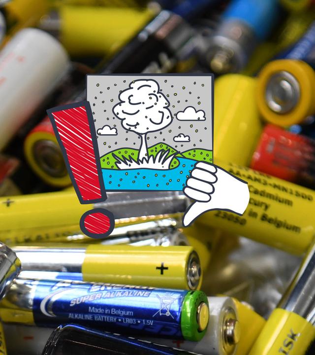 Batterien liegen auf einem Haufen, darauf ein grafisches Symbolbild für Umwelt, Ausrufezeichen und Daumen runter