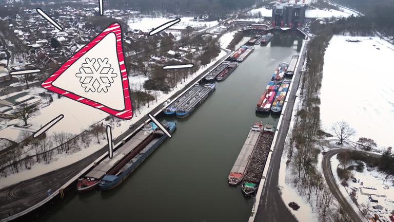 Mehrere Schiffe warten vor einer Schleuse.