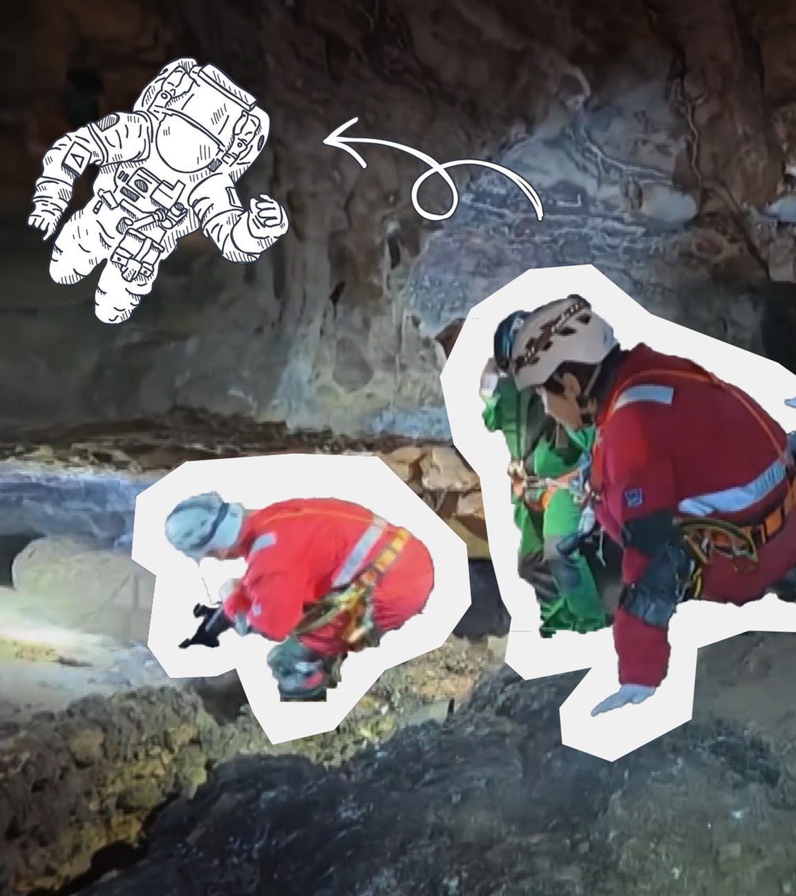 Mehrere Menschen in Einteilern in einer Höhle