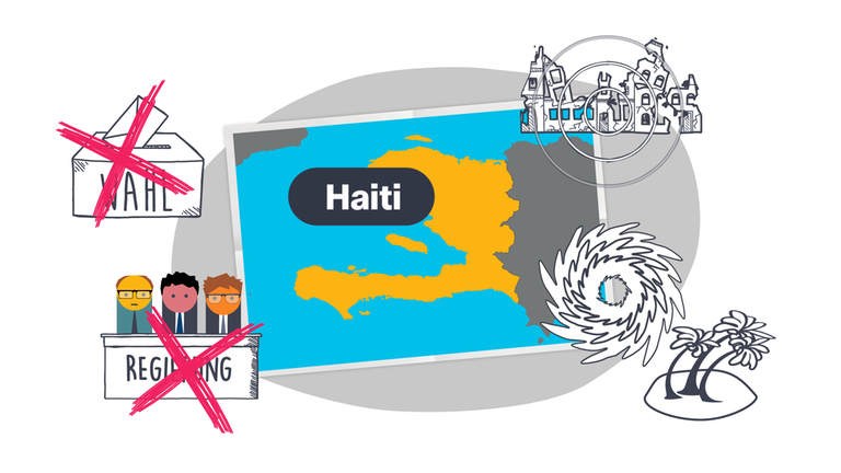 Kartenausschnitt von Haiti, Symbole für Katastrophen und fehlende politische Stabilität