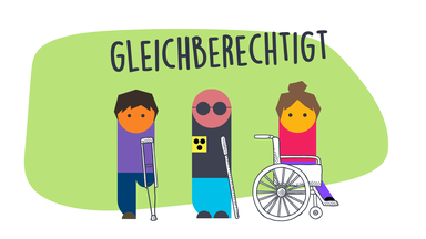 Drei gezeichnete Menschen mit verschiedenen sichtbaren Behinderungen, daneben steht das Wort "Gleichberechtigt"