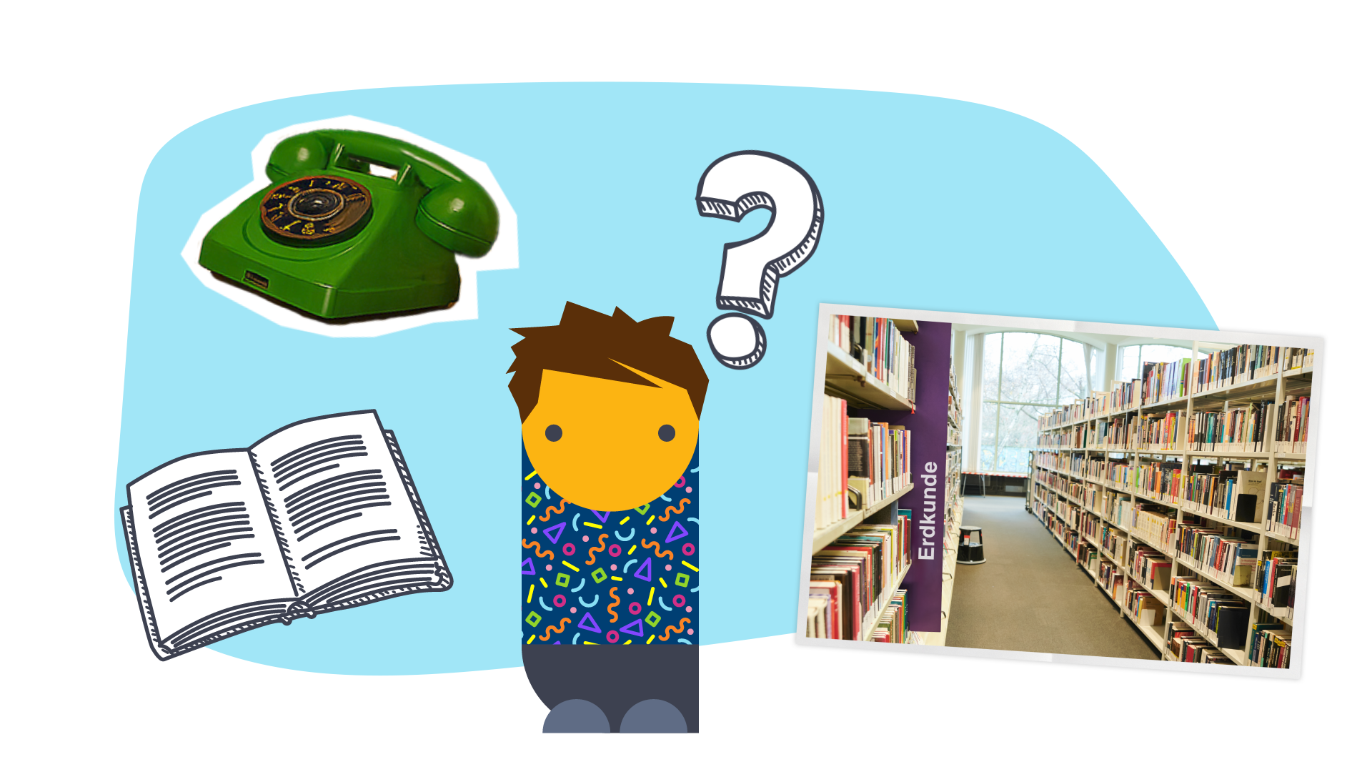 Bildmontage: Ein Junge, ein Buch, ein Telefon und eine Bücherei