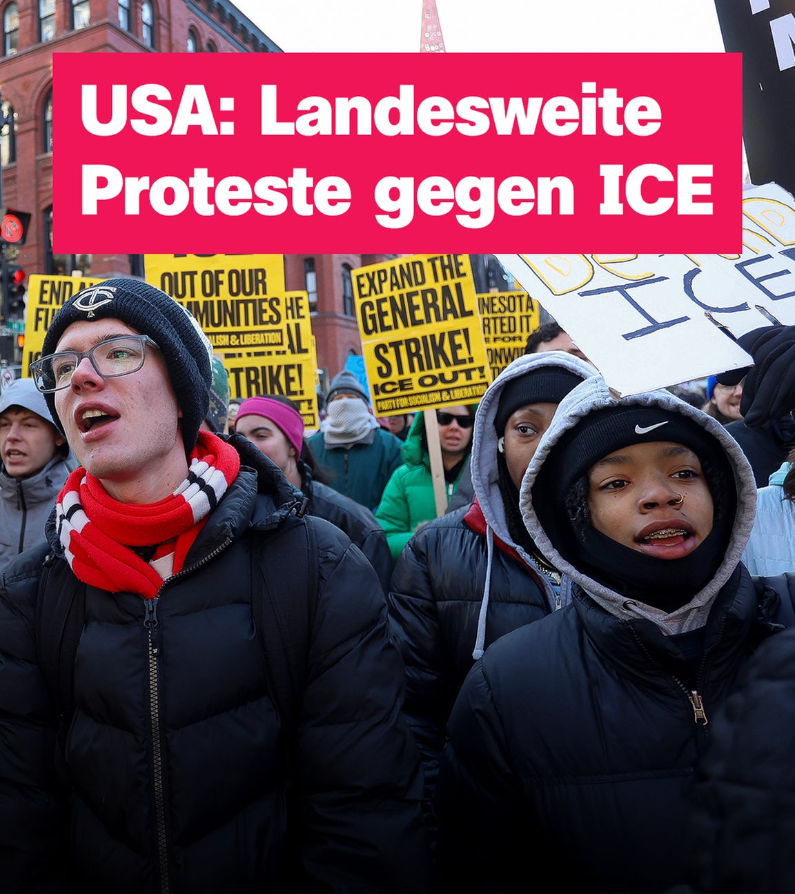 Proteste gegen ICE in den USA, Text: "USA: Landesweite Proteste gegen ICE"