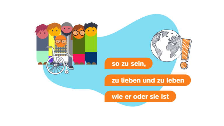 Grafik: Diverse Menschengruppe, daneben Globus mit Ausrufezeichen, Schrift: "so zu sein, zu lieben und leben, wie er oder sie ist"