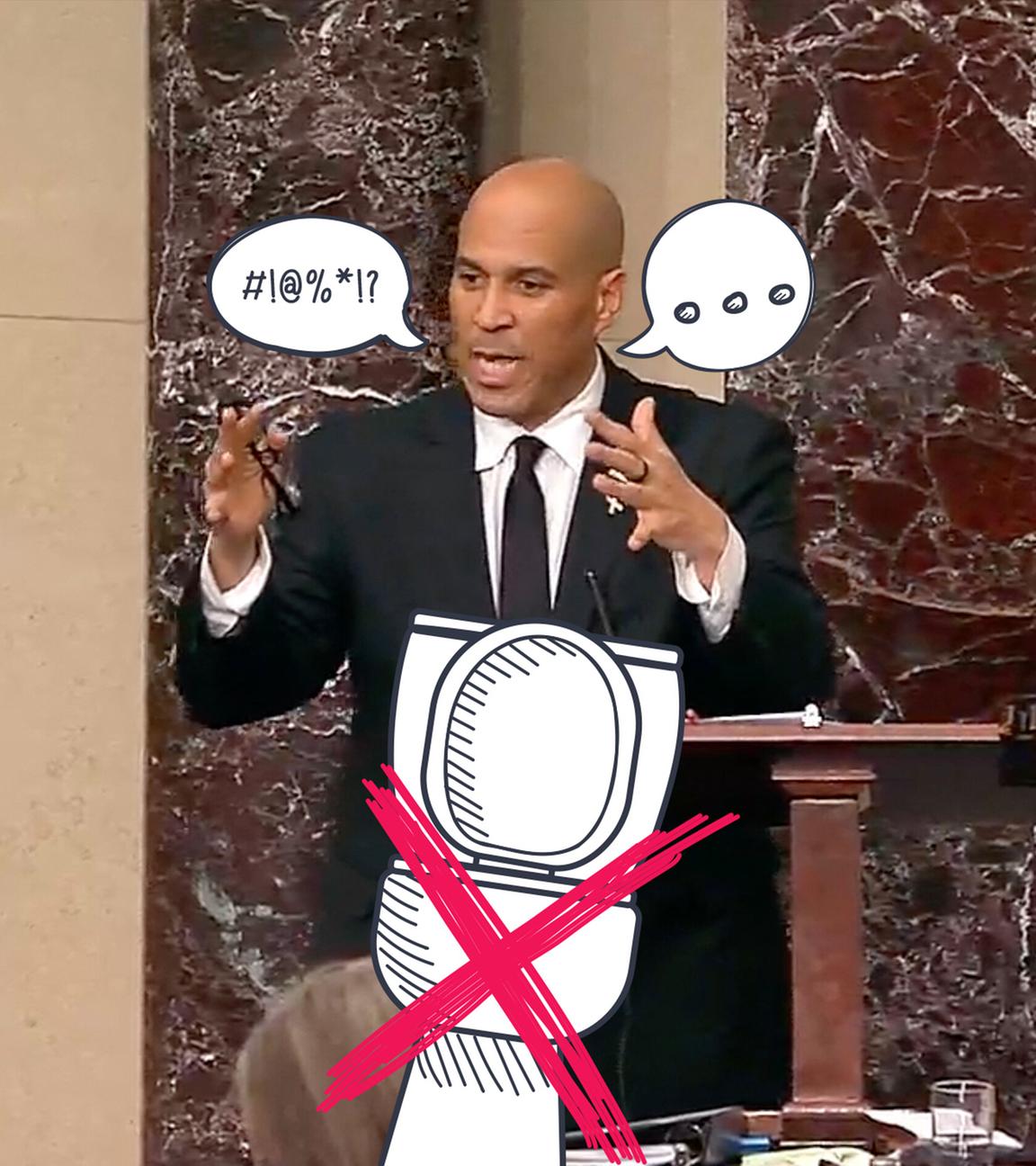 US-Politiker Cory Booker an Rednerpult, gestikuliert mit Armen, dazu grafische Sprechblasen und davor eine grafische Toilette, die mit einem roten Kreuz durchgestrichen ist