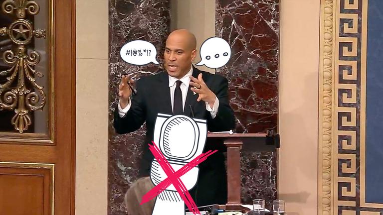 US-Politiker Cory Booker an Rednerpult, gestikuliert mit Armen, dazu grafische Sprechblasen und davor eine grafische Toilette, die mit einem roten Kreuz durchgestrichen ist