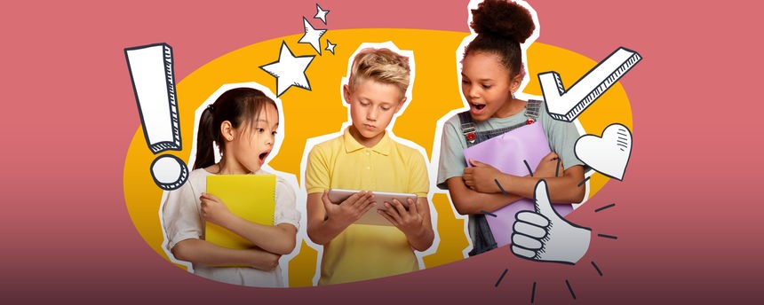 Drei Kinder schauen begeistert auf das Tablet des Jungen in der Mitte. Die Collage hat einen rosaroten und gelben Hintergrund. Daneben sieht man Doodles in Sternform, einen Haken, ein Ausrufezeichen, Herz und Daumen hoch.