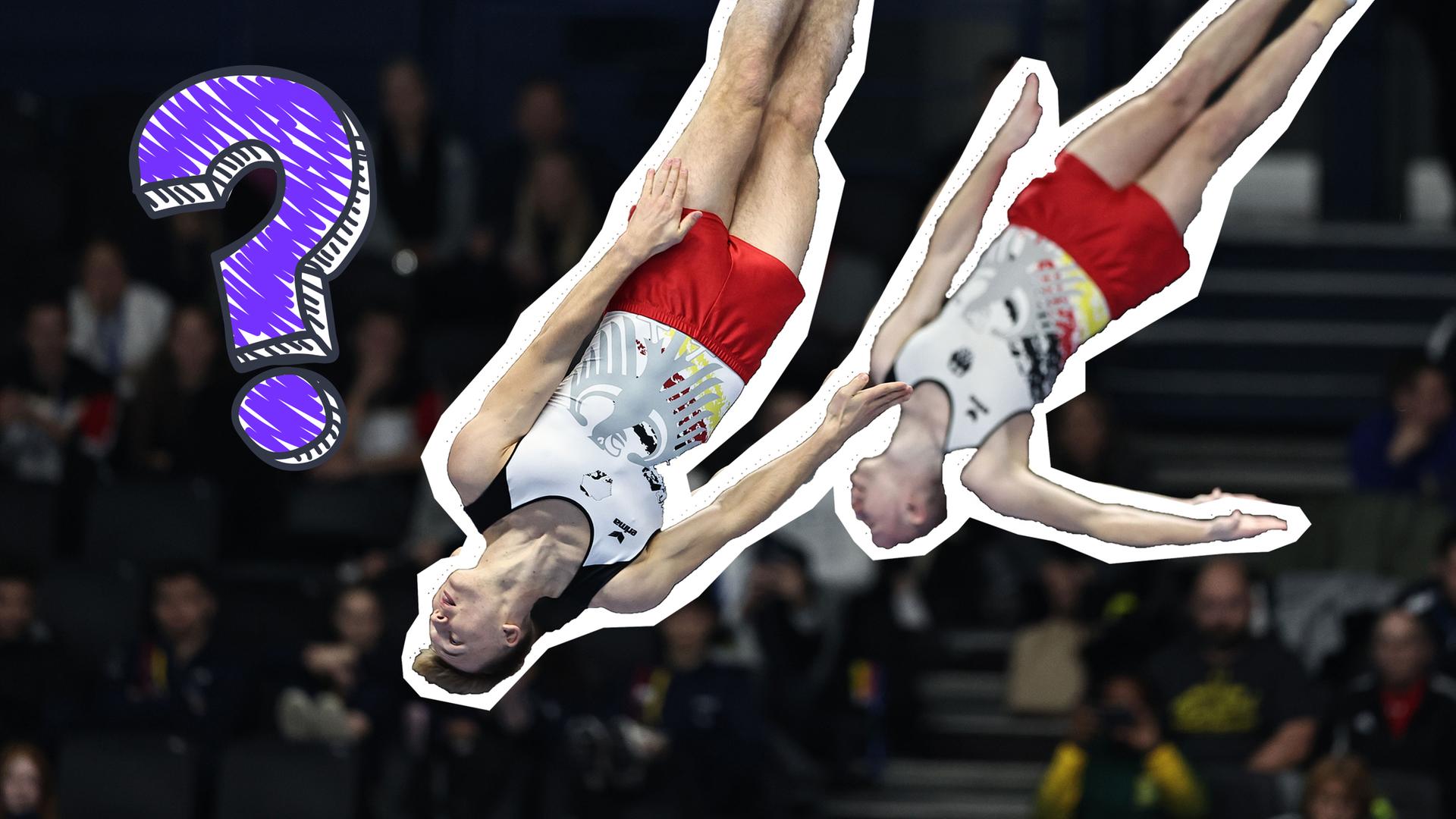 Zwei Trampolinturner beim Weltcup, Fragezeichen