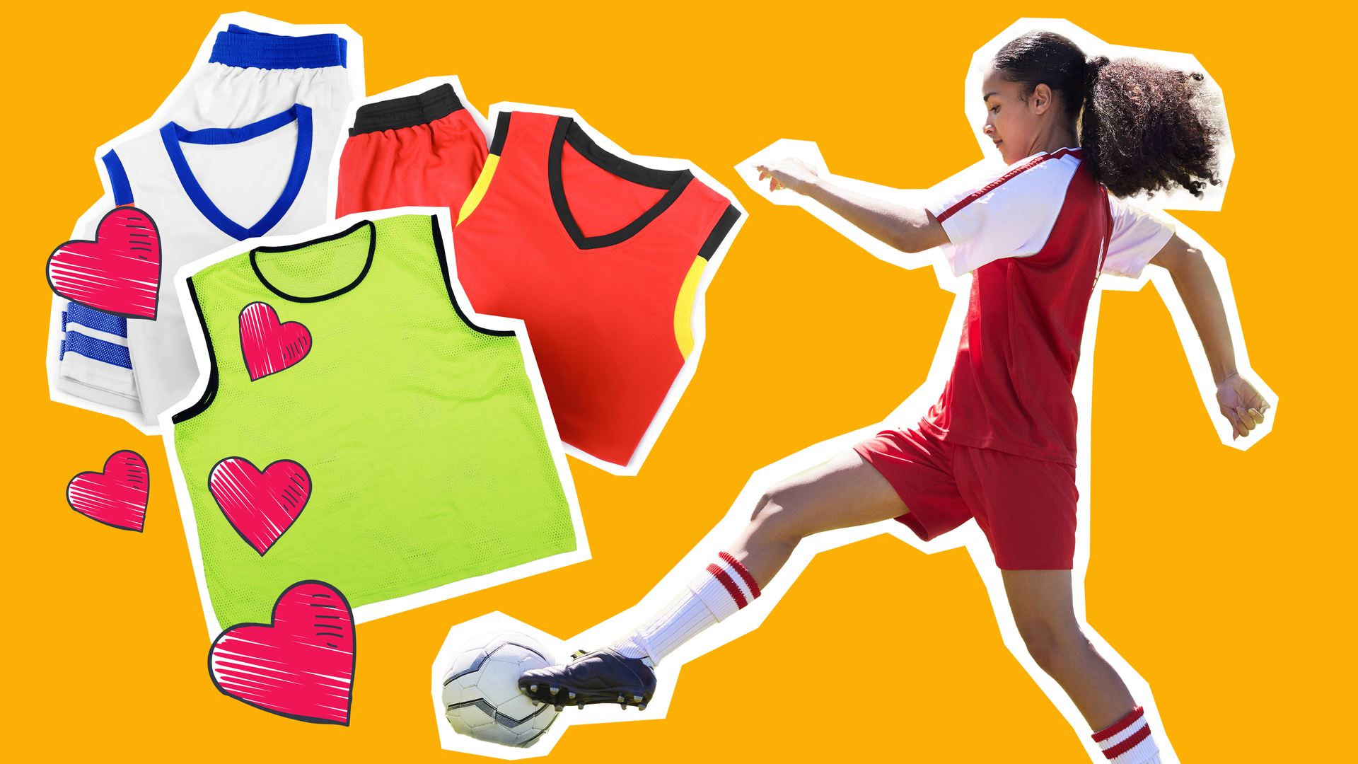 Ein Fußball spielendes Mädchen, dazu drei bunte Trikots und grafische Herzchen