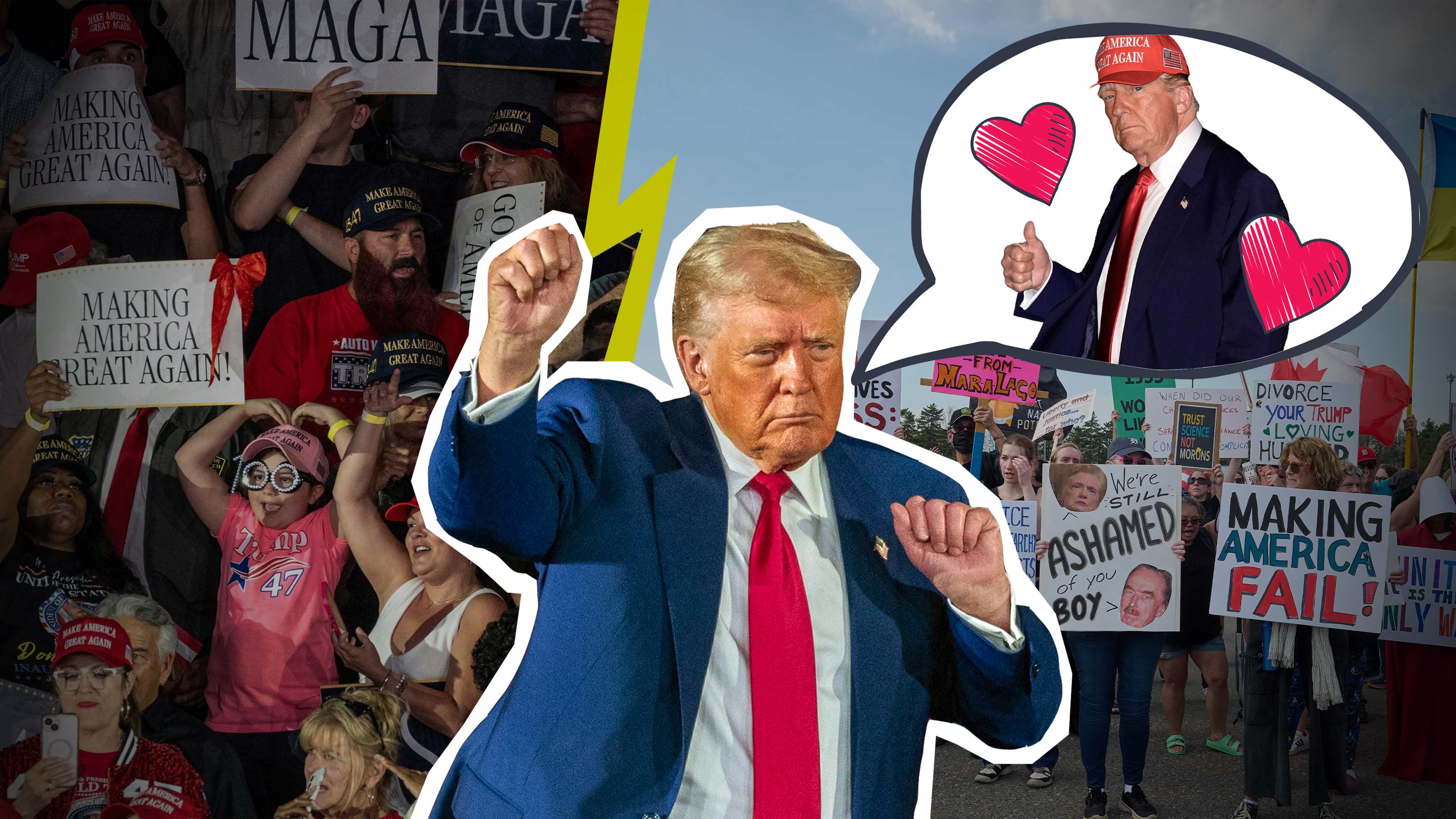 Trump mit Sprechblase - Bild von Trump mit Herzchen - im Hintergrund Demos für und gegen Trump.