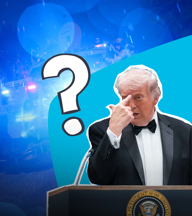 Collage: Trump auf einem Podium, im Hintergrund Blaulicht