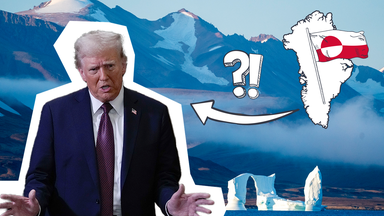 Die Collage zeigt Donald Trump vor einem Landschaftsbild von Grönland mit Bergen, Schnee und einem Eisberg, eine USA-Flagge, ein Fragezeichen und Ausrufezeichen.