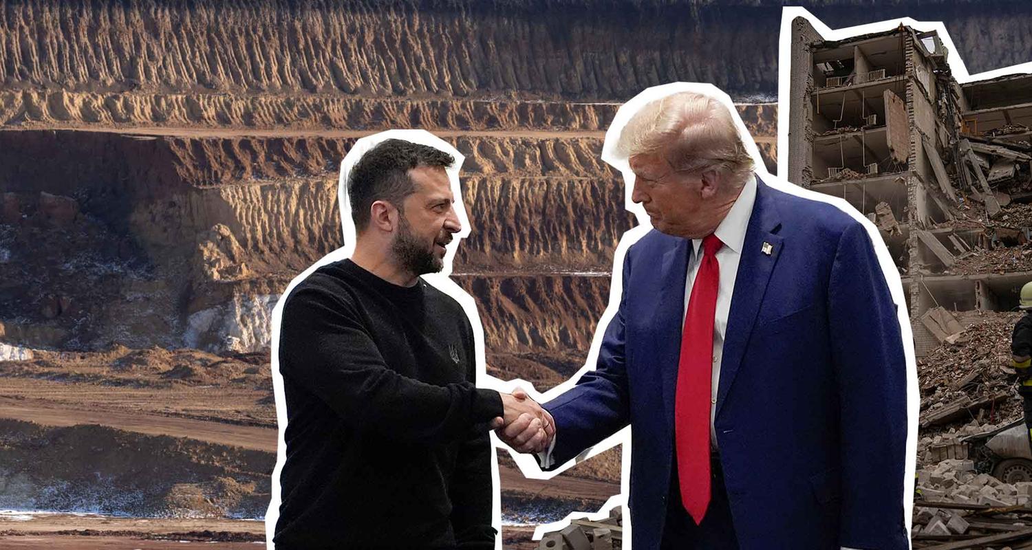 Abbau von seltenen Erden im Hintergrund, vom Krieg zerstörtes Haus und Trump und Selenskyi schütteln sich die Hände im Vordergrund.