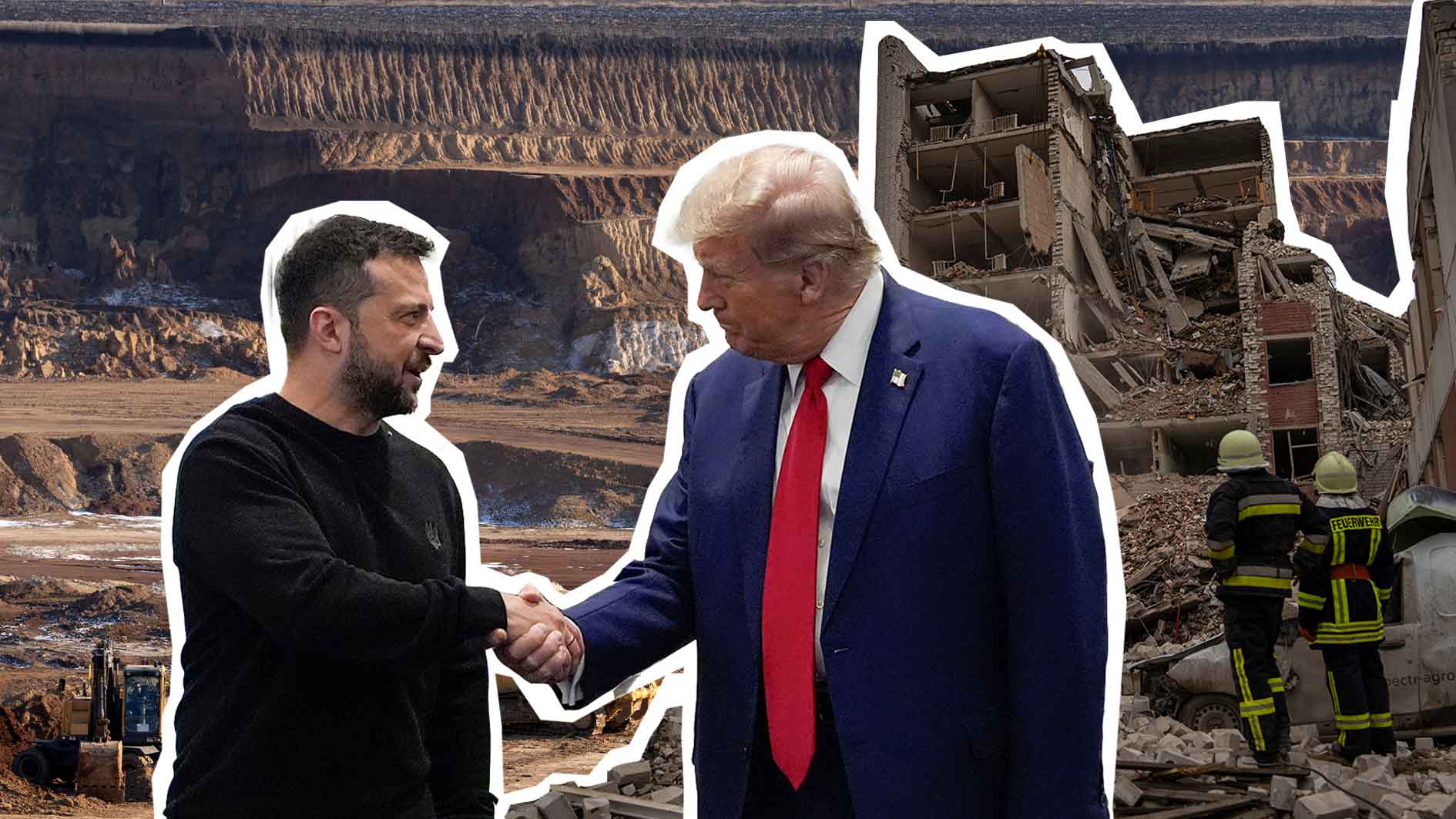 Abbau von seltenen Erden im Hintergrund, vom Krieg zerstörtes Haus und Trump und Selenskyi schütteln sich die Hände im Vordergrund.