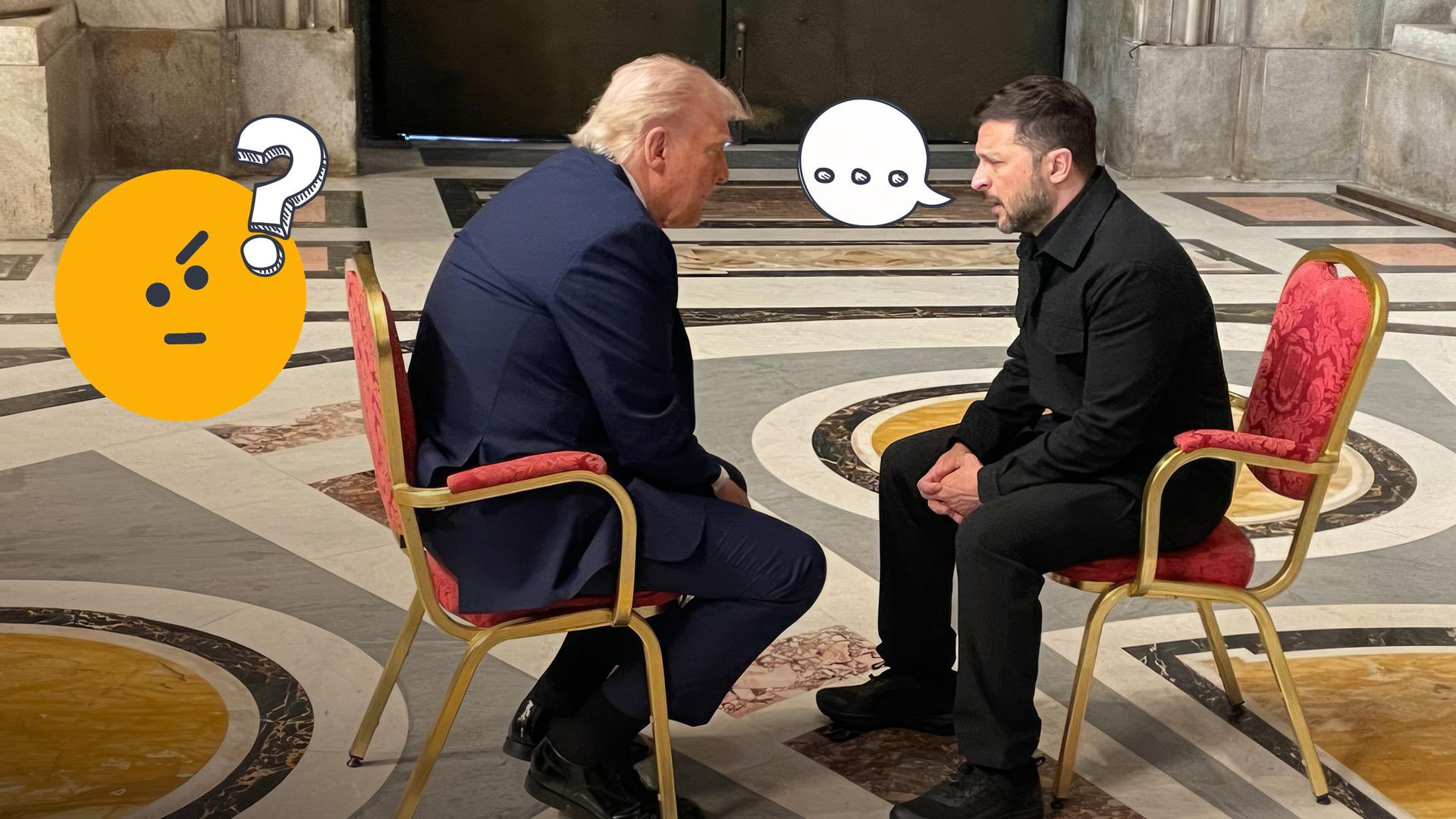 Trump und Selenkskyi sitzen sich im Petersdom gegenüber, darauf Sprechblase mit drei Punkten und fragendes Emoji mit Fragezeichen