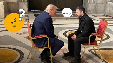 Trump und Selenkskyi sitzen sich im Petersdom gegenüber, darauf Sprechblase mit drei Punkten und fragendes Emoji mit Fragezeichen