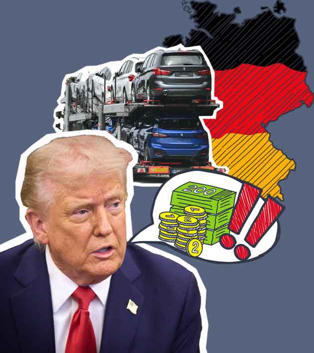 Donald Trump mit Sprechblase mit Geld, Autos vor Deutschlandkarte.