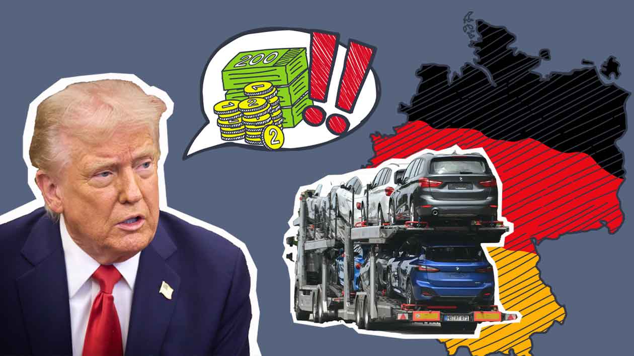 Donald Trump mit Sprechblase mit Geld, Autos vor Deutschlandkarte.