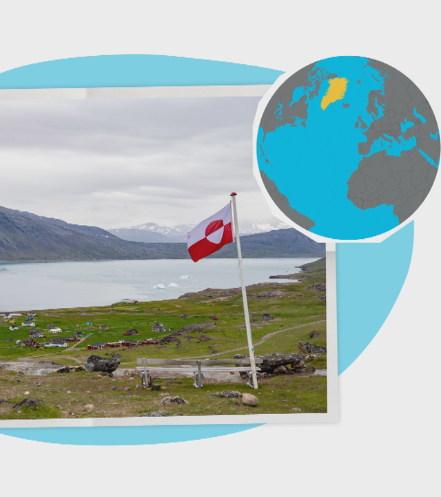 Ein Landschaftsfoto von Grönland, im Vordergrund ist eine Bank zu sehen, ein Fahnenmast mit grönländischer Flagge, beides auf grüner Wiese, im Hintergrund kleine bunte Häuser und ein Fjord. Es sieht kalt aus. Neben dem Foto ist ein Globus zu sehen mit dem Fokus auf Grönland, es ist gelb eingefärbt