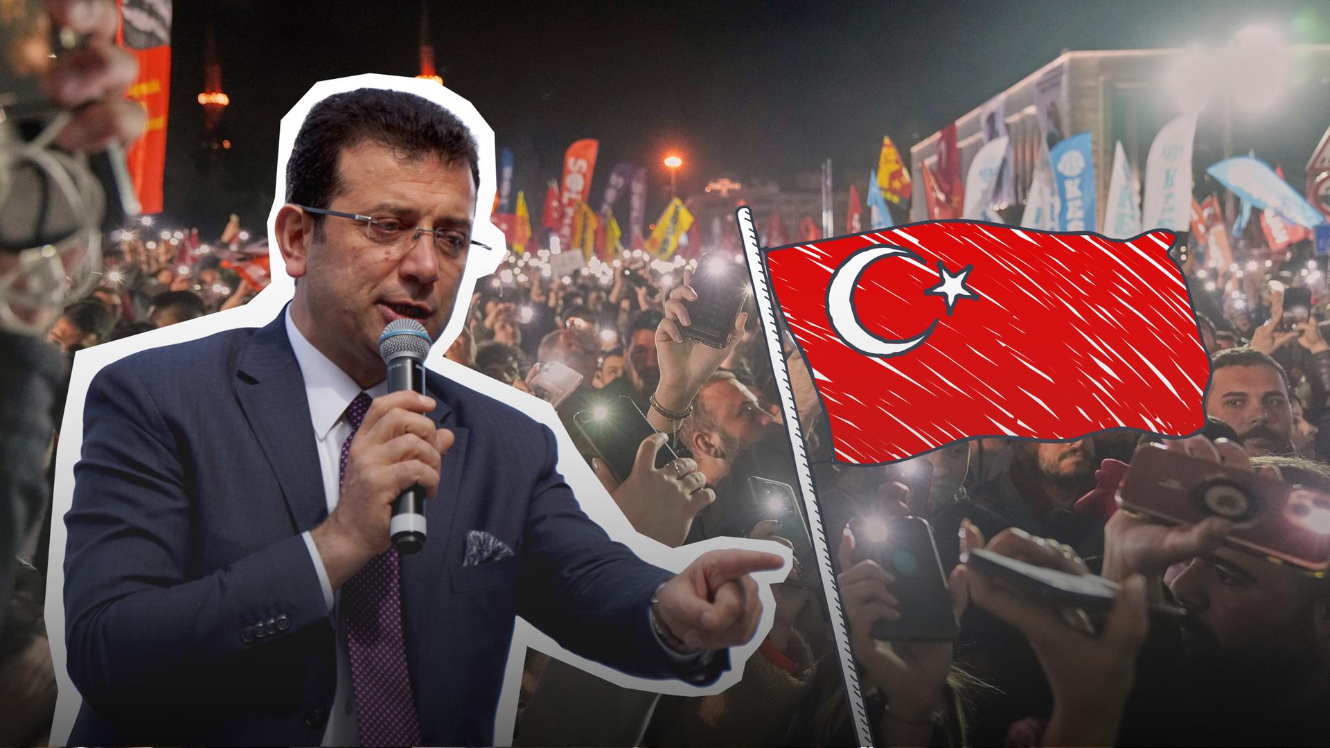 Fotomontage: Ekrem Imamoglu vor Demonstranten und einer türkischen Flagge daneben