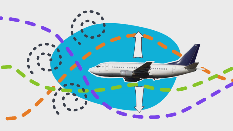 Flugzeug und drum herum viele Linien, die in verschiedene Richtungen gehen