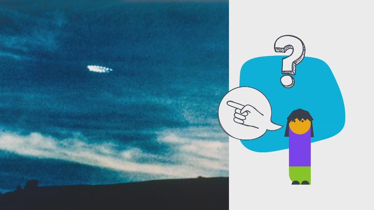 Grafikmensch zeigt auf UFO-Foto, darüber Fragezeichen