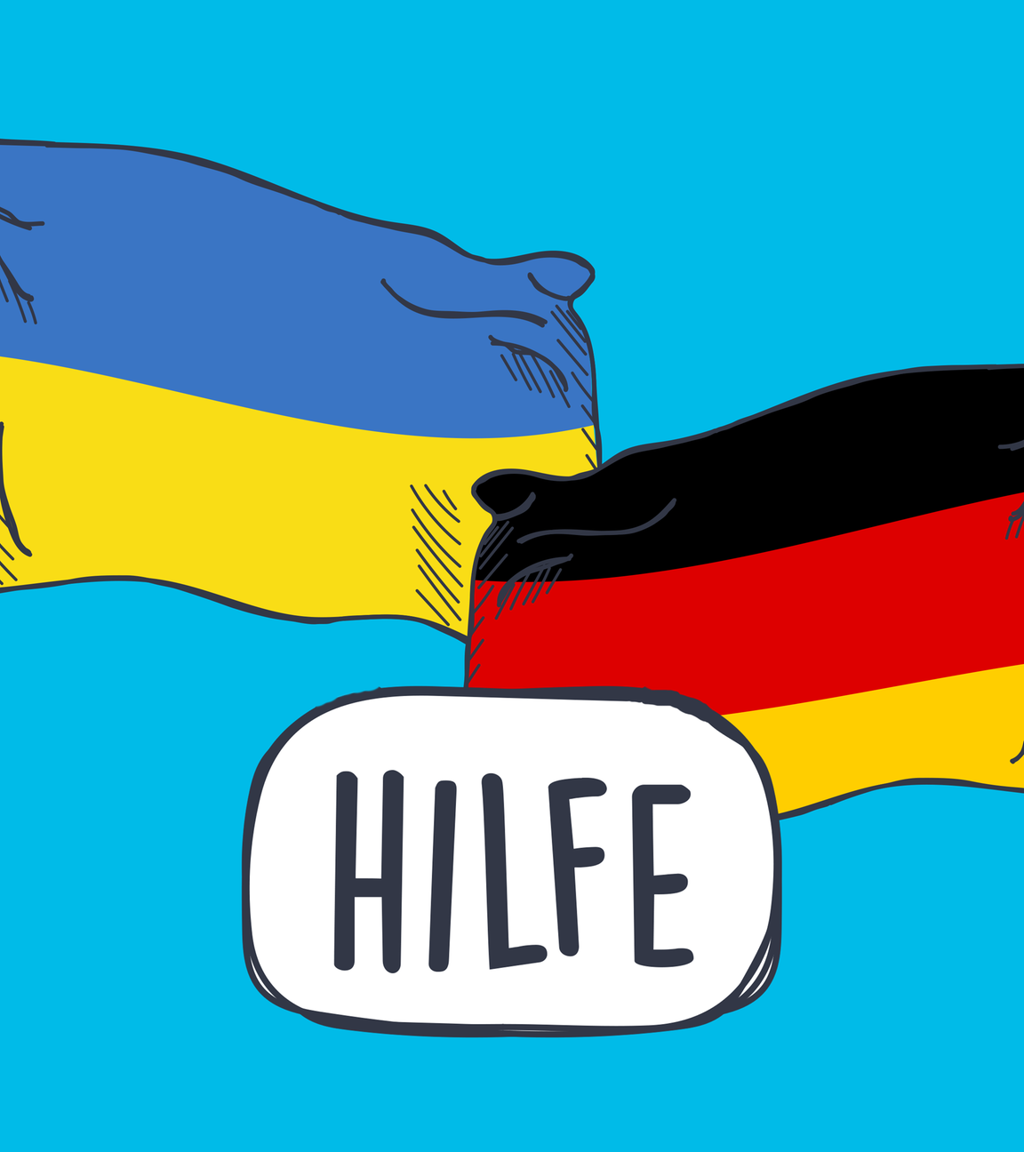 Ukraine-Flagge und Deutschland-Flagge und das Wort Hilfe