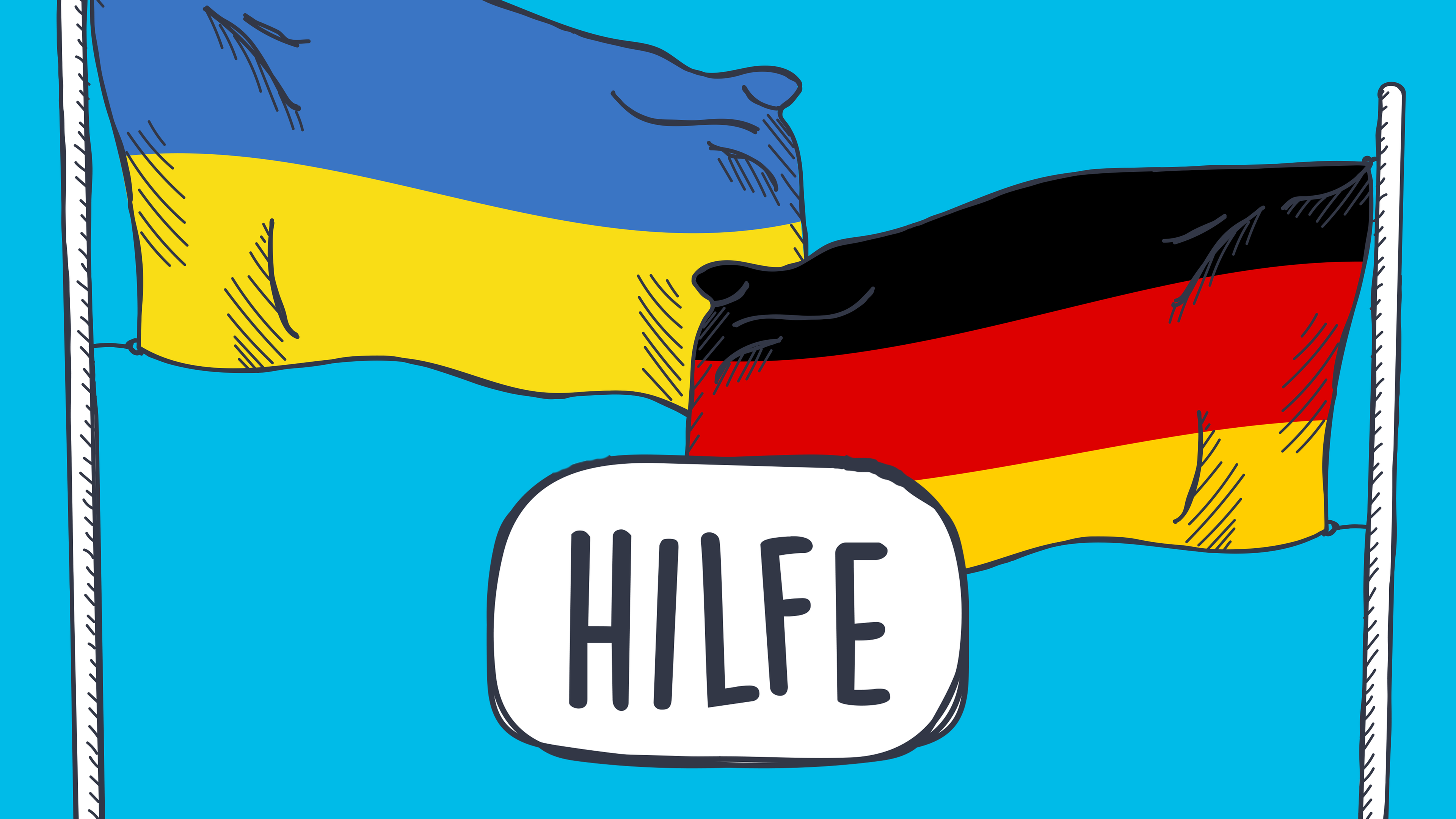 Ukraine-Flagge und Deutschland-Flagge und das Wort Hilfe