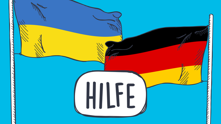 Ukraine-Flagge und Deutschland-Flagge und das Wort Hilfe