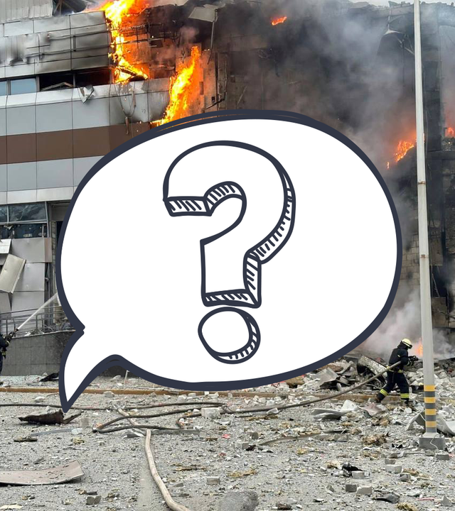 Feuerwehr löscht ein brennendes Gebäude in Dnipro und ein großes Fragezeichen in einer Sprechblase.