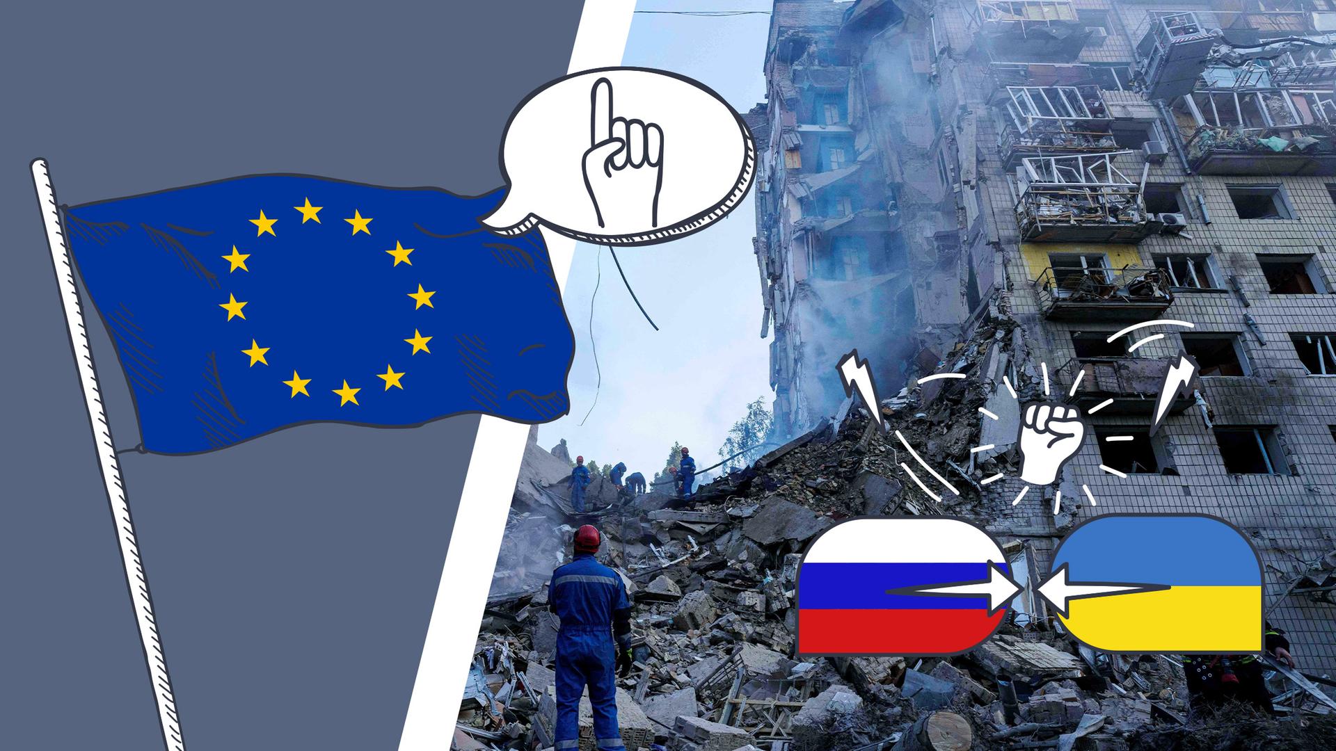 Eine Collage zeigt die Europaflagge auf der rechte Seite, über ihr eine Sprechblase mit einem erhobenen Finger. Rechts davon sieht man ein zerstörtes Gebäude, darauf die ukrainische Flagge und die russische mit zwei Pfeilen, die gegeneinander zeigen.