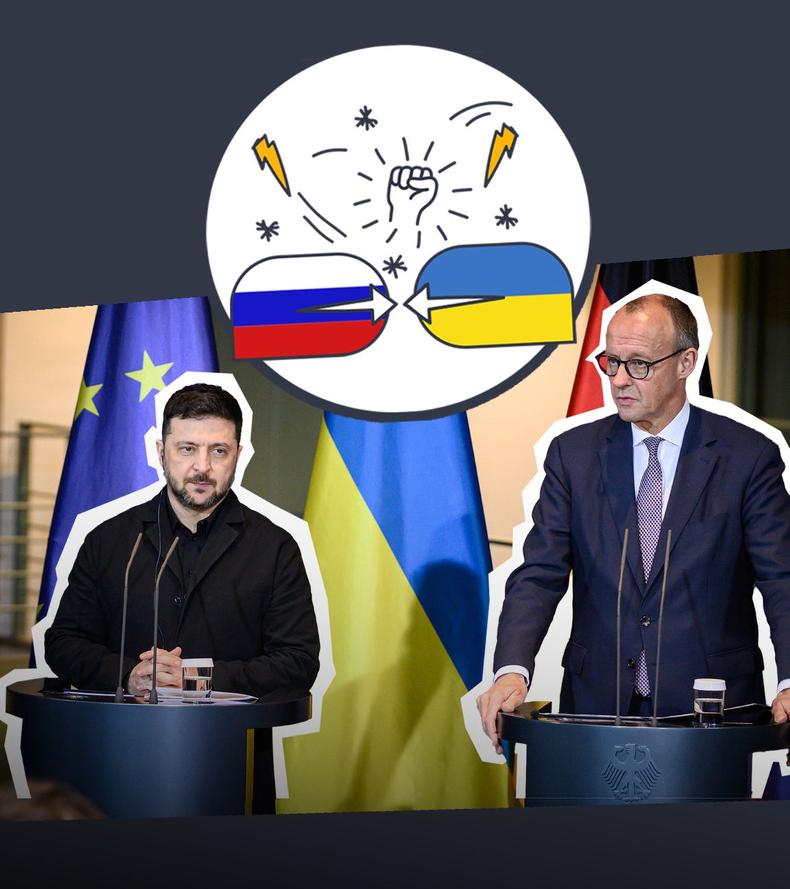 Der ukrainische Präsident Wolodymyr Selenskyj (links) und der deutsche Bundeskanzler Friedrich März (rechts) beantworten Fragen zu den Friedensverhandlungen in Berlin.