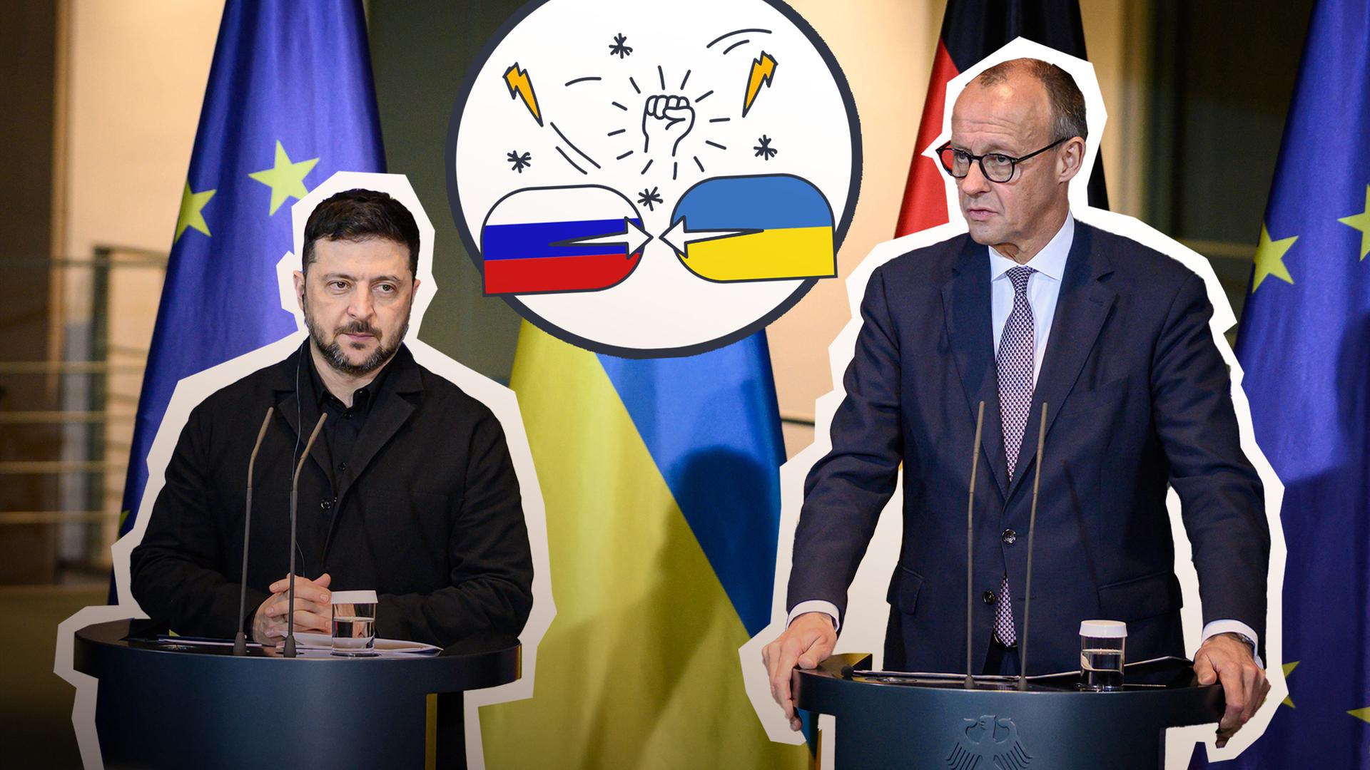 Der ukrainische Präsident Wolodymyr Selenskyj (links) und der deutsche Bundeskanzler Friedrich März (rechts) beantworten Fragen zu den Friedensverhandlungen in Berlin.