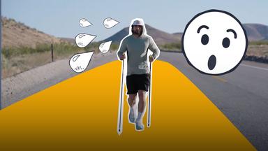 Collage: Ultra Run Läufer Arda Saatci beim Lauf, daneben grafische Schweißtropfen und erstauntes Emoji