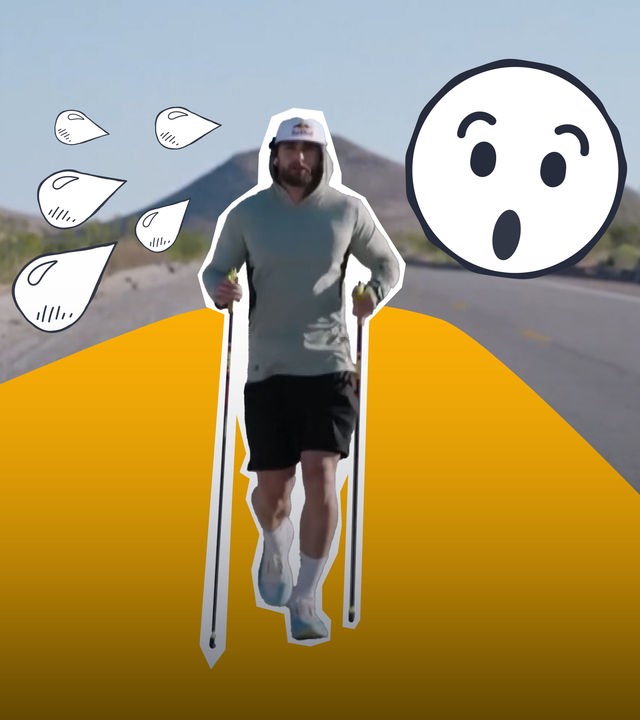 Collage: Ultra Run Läufer Arda Saatci beim Lauf, daneben grafische Schweißtropfen und erstauntes Emoji