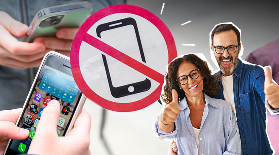 Schülerinnen mit Handy in der Hand, im Vordergrund zwei ältere Herren, die ihre Daumen nach oben zeigen. Außerdem ein Symbol für "Handyverbot". 