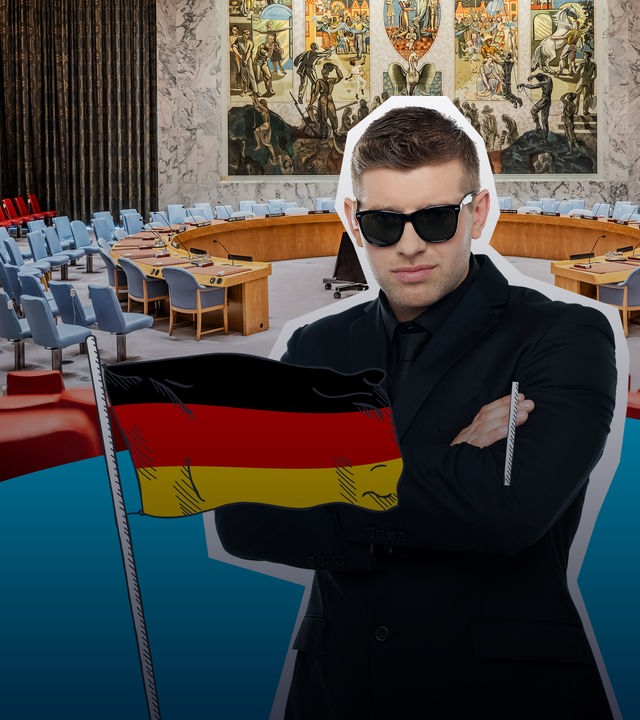 Saal des UN-Sicherheitsrates, Sicherheitsmann in schwarzem Anzug und Deutschland-Flagge